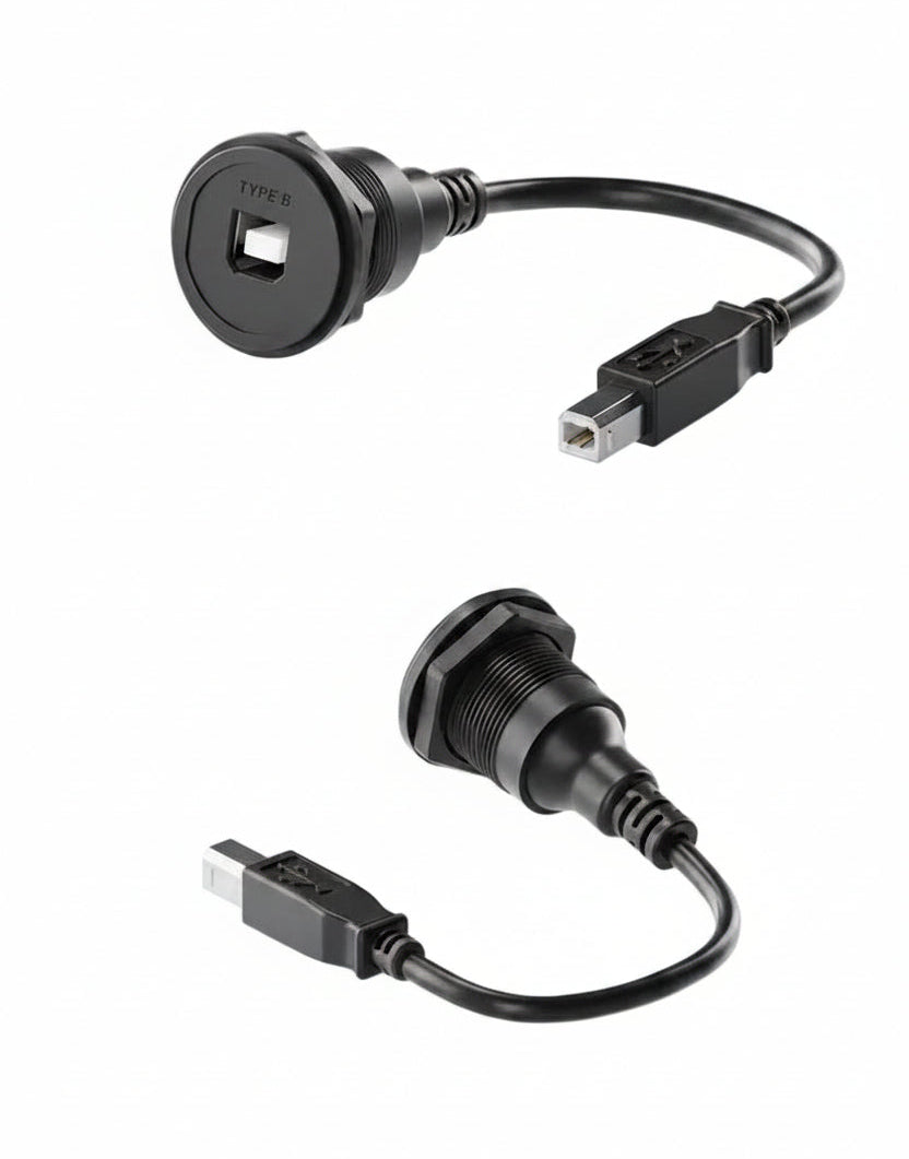 Two black cable connectors with USB and Type-C ports on a white background