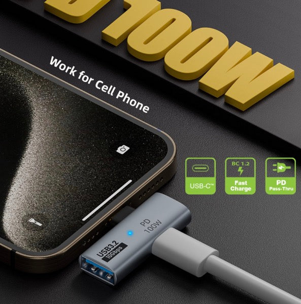 USB-C OTG adapter demonstrating 100W Power Delivery fast charging with simultaneous data transfer