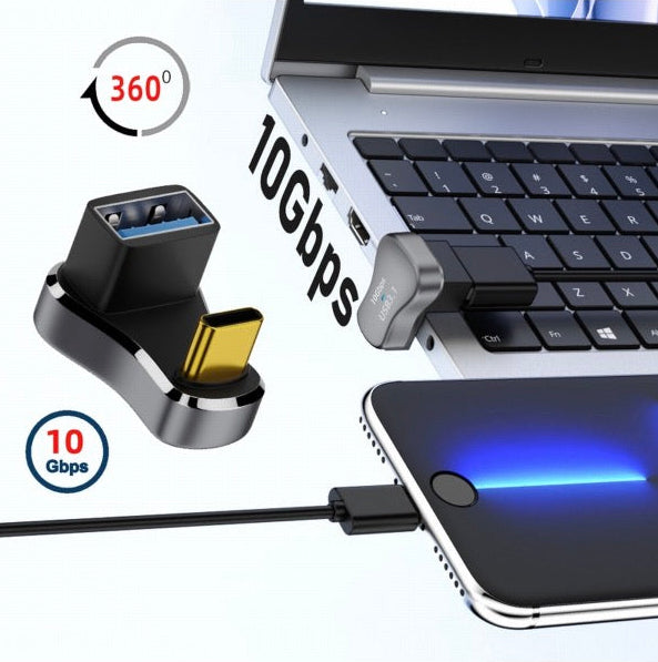 USB-C to USB 3.0 female OTG adapter supporting 10Gbps data transfer connected to a laptop