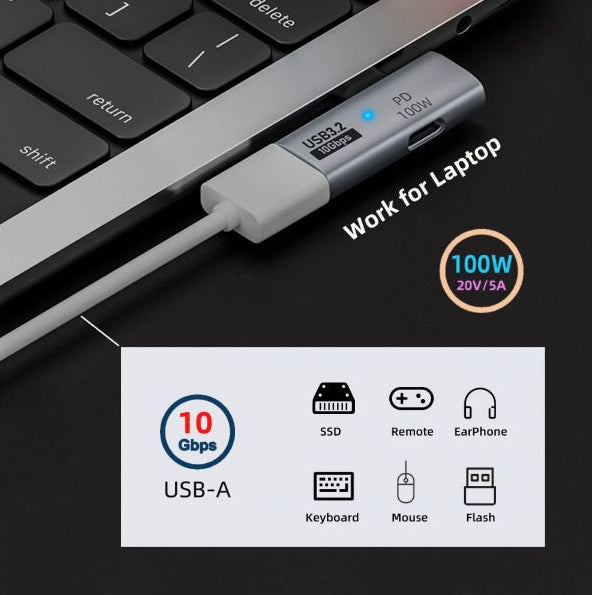 Premium grey USB-C to USB 3.0 female OTG adapter supporting 10Gbps data transfer and 100W Power Delivery charging