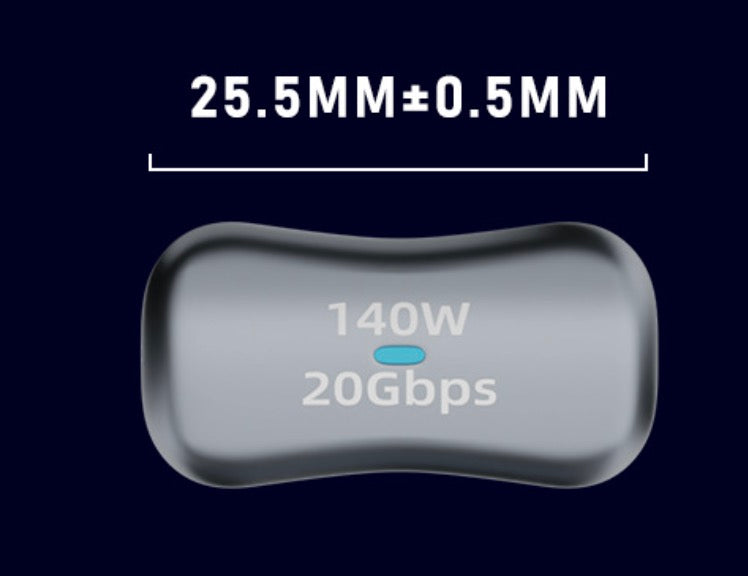 USB-C OTG adapter supporting 140W Power Delivery charging and 20Gbps data transfer in grey aluminium housing