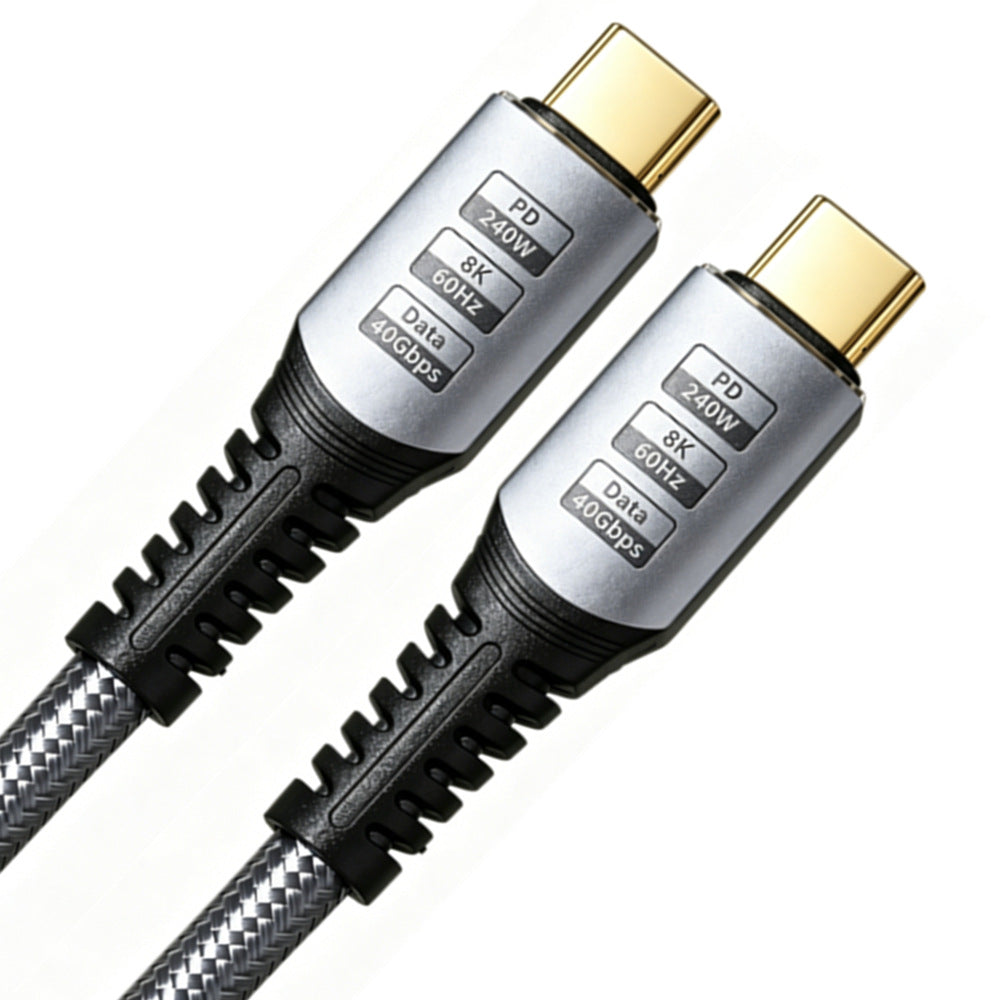 A close-up of a high-speed HDMI cable with two USB-C connectors, featuring a silver and black braided design with gold-plated metal contacts. The connectors are labeled with specifications including PD 240W, 8K, 60Hz, and Data 40Gbps.