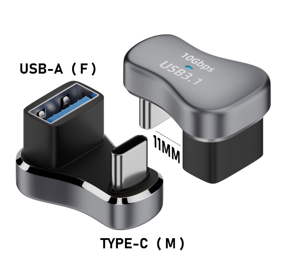 USB-C 3.1 male to USB-A 3.0 female OTG adapter showing reverse U shape connector design and dimensions