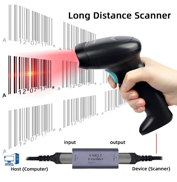 USB-C active repeater adapter used with long distance barcode scanner connections