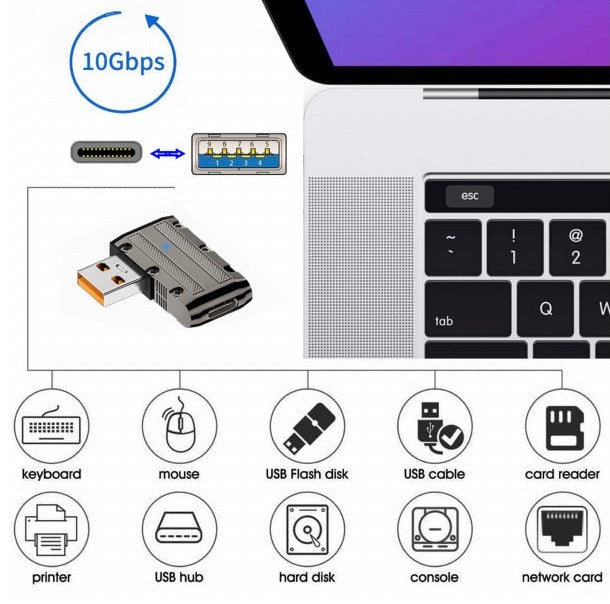 USB C adapter featuring LED status indicator and right angle connector