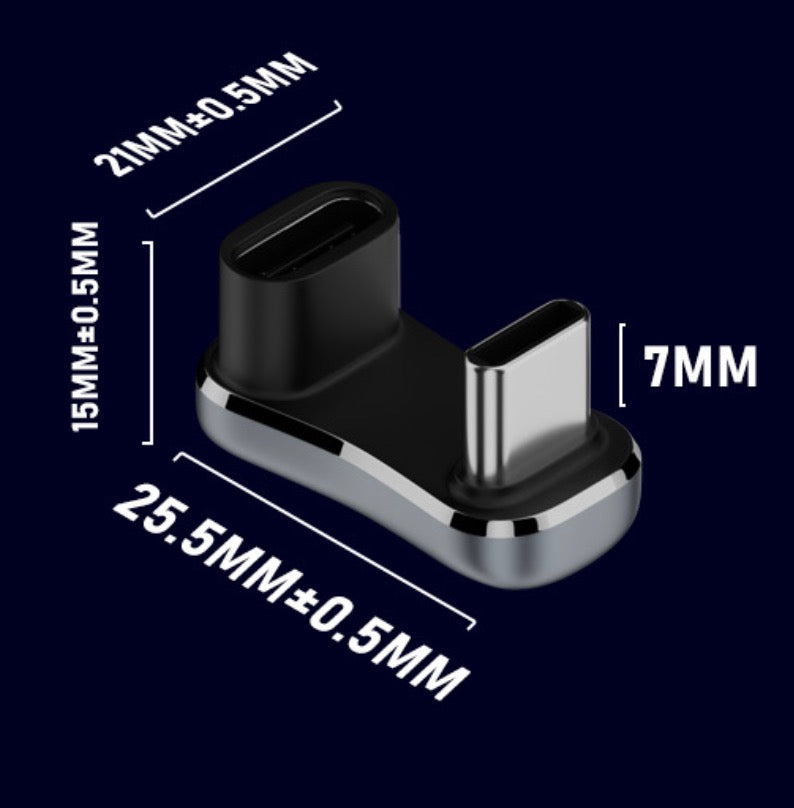 Compact USB-C back angle OTG adapter showing detailed dimensions and reverse U shape configuration