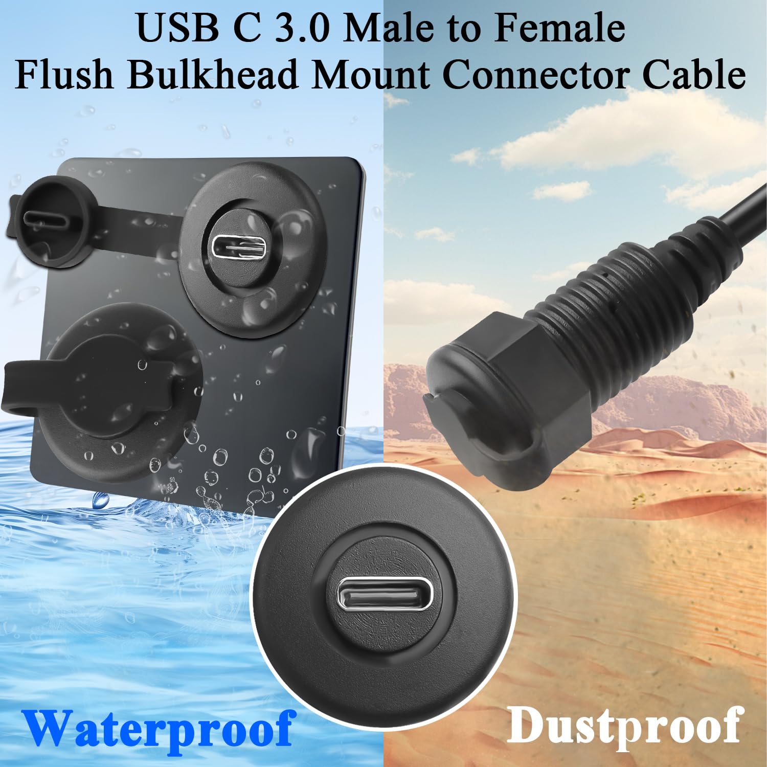 USB C 3.0 connector with waterproof and dustproof features on a scenic background
