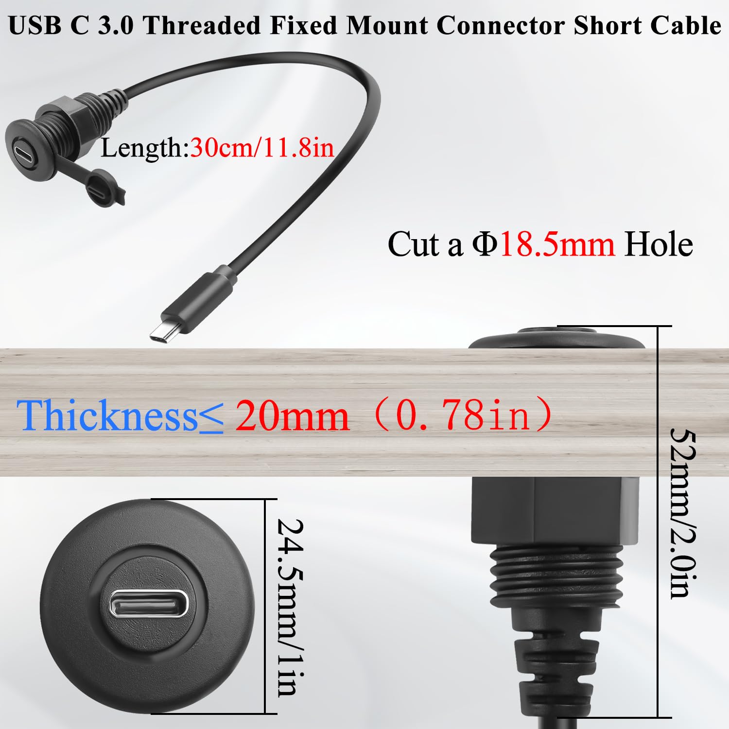 USB C 3.0 threaded fixed mount connector short cable with measurements on a white background