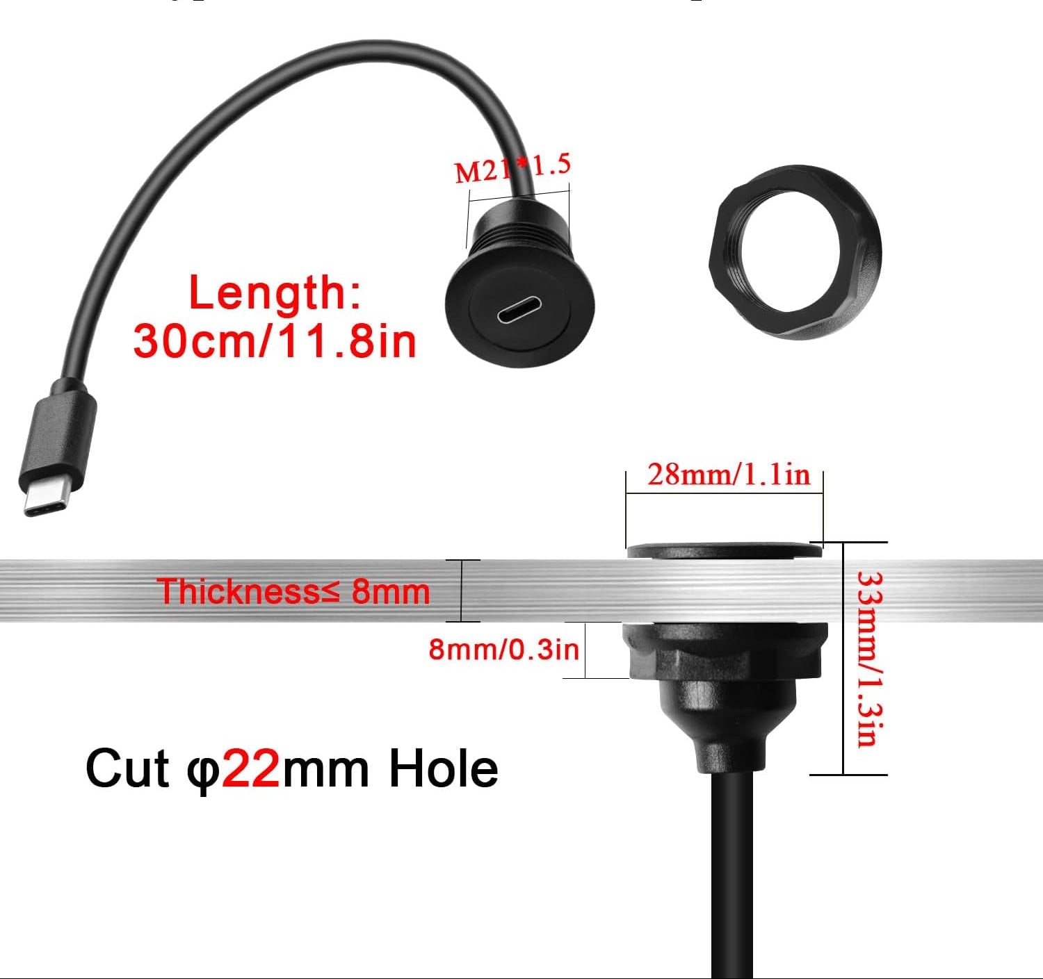 USB C dashboard mount cable