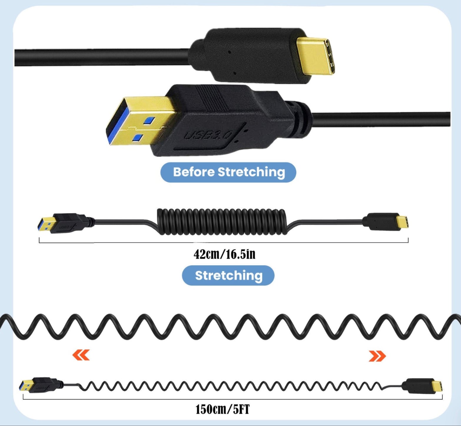 USB C male to USB 3.0 male coiled cable product overview and usage illustration