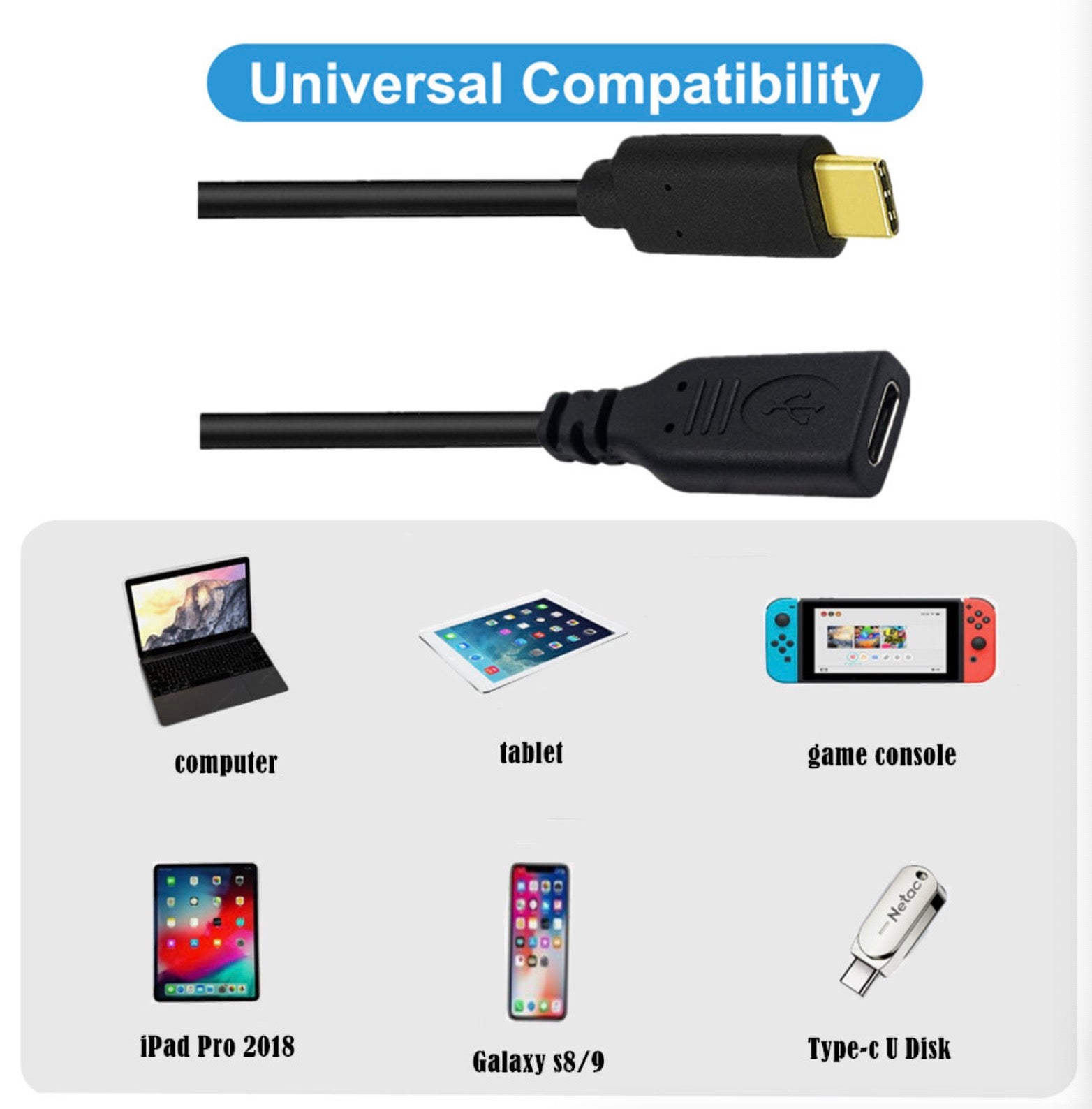 USB C extension cable compatible with smartphones tablets laptops and USB C accessories