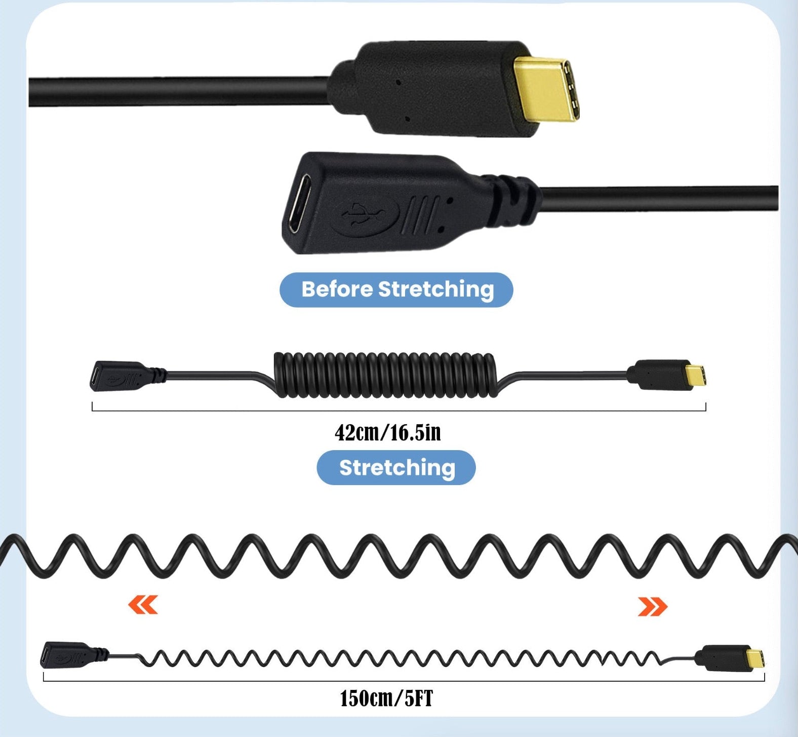 USB C coiled extension cable showing compact and extended cable lengths