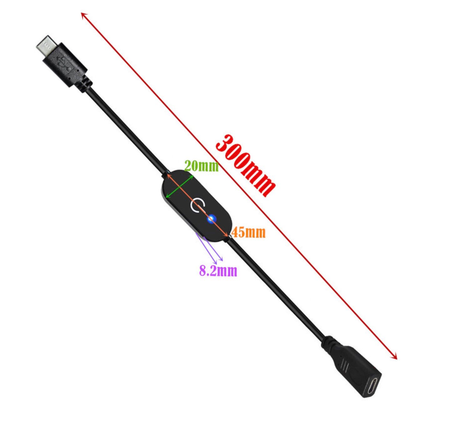 USB C touch dimmer switch showing cable length and controller dimensions