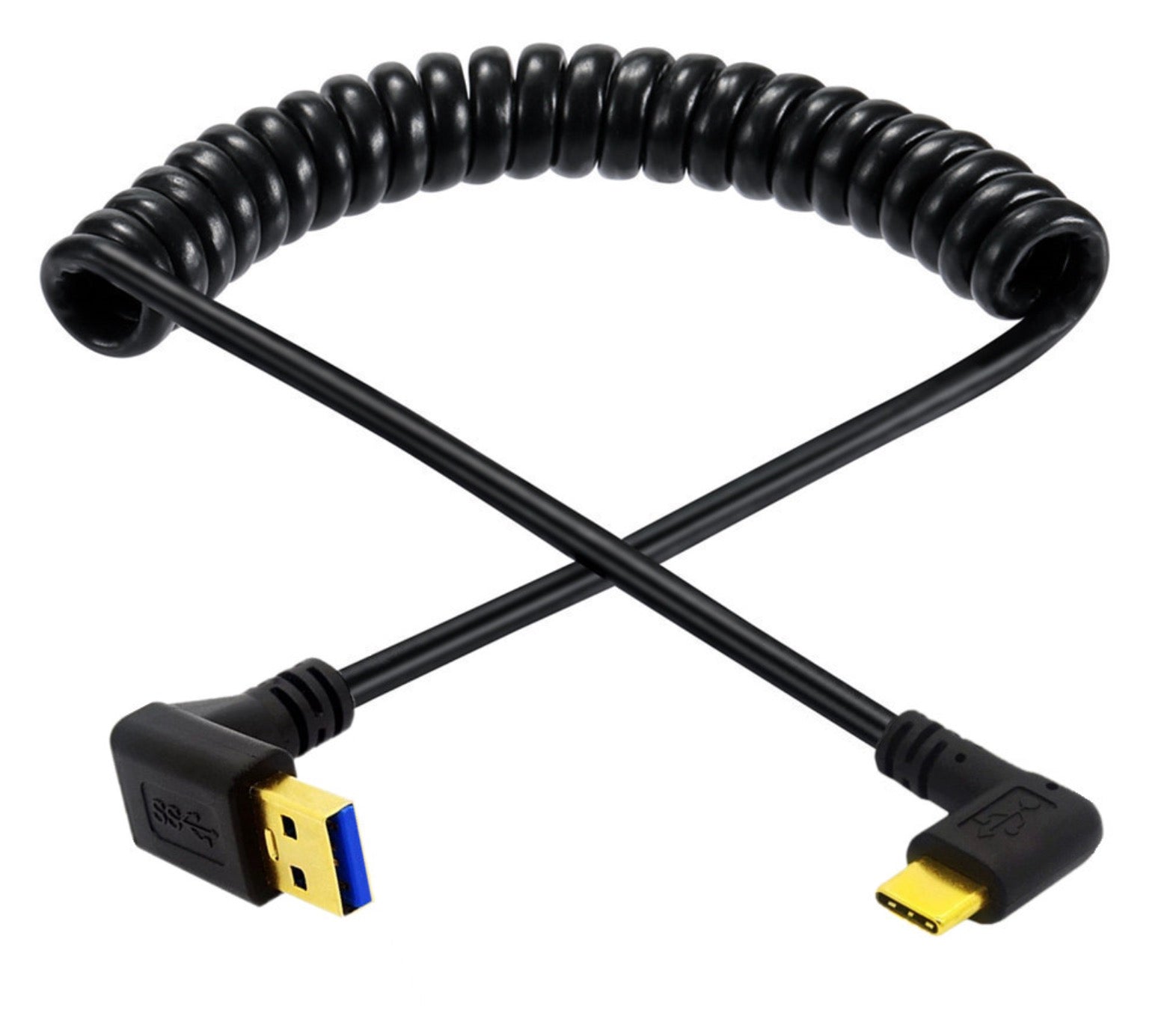 USB C down angle connector and USB 3.0 connector on coiled cable