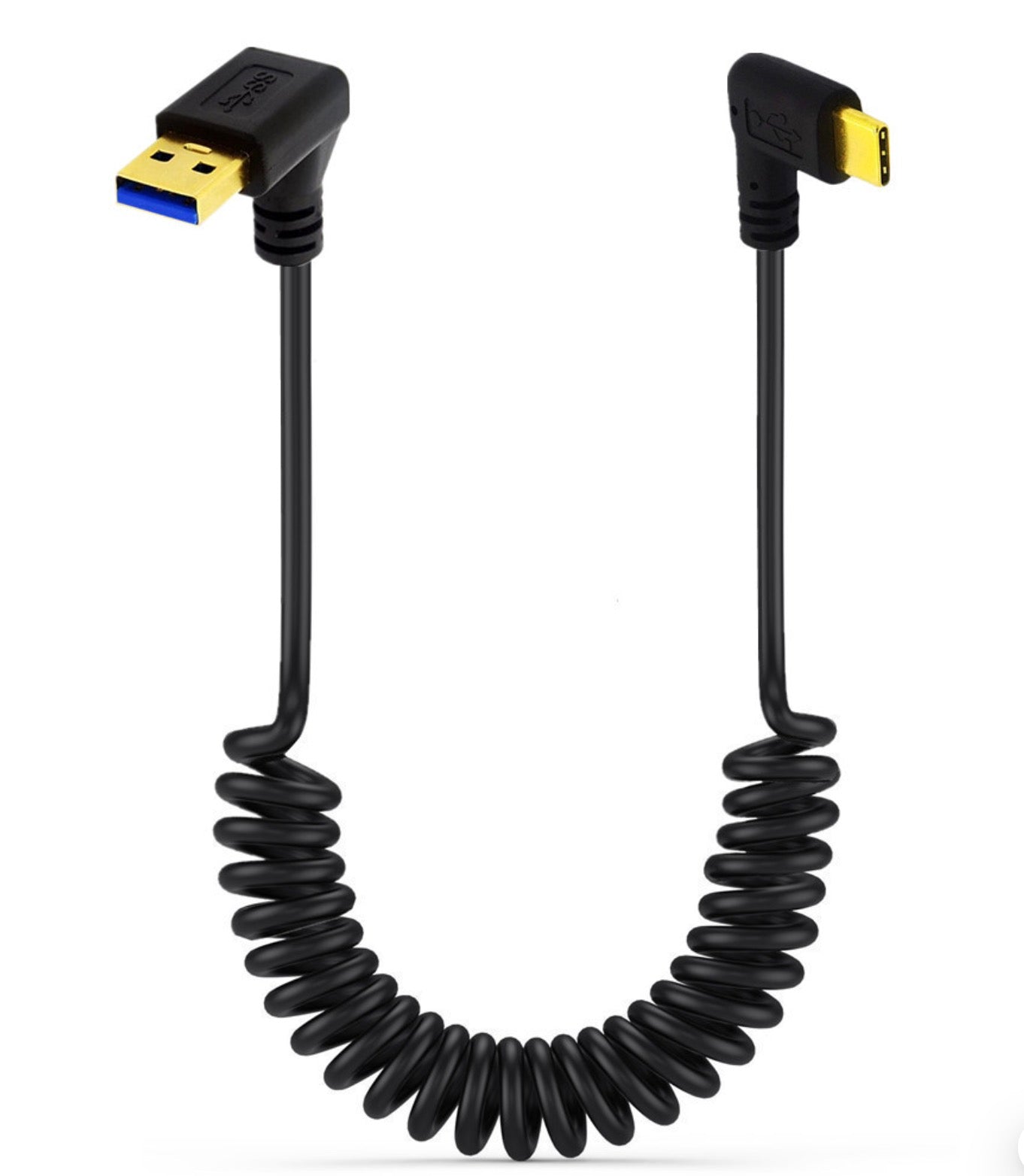 USB C to USB 3.0 coiled cable shown extended for flexible device connectivity