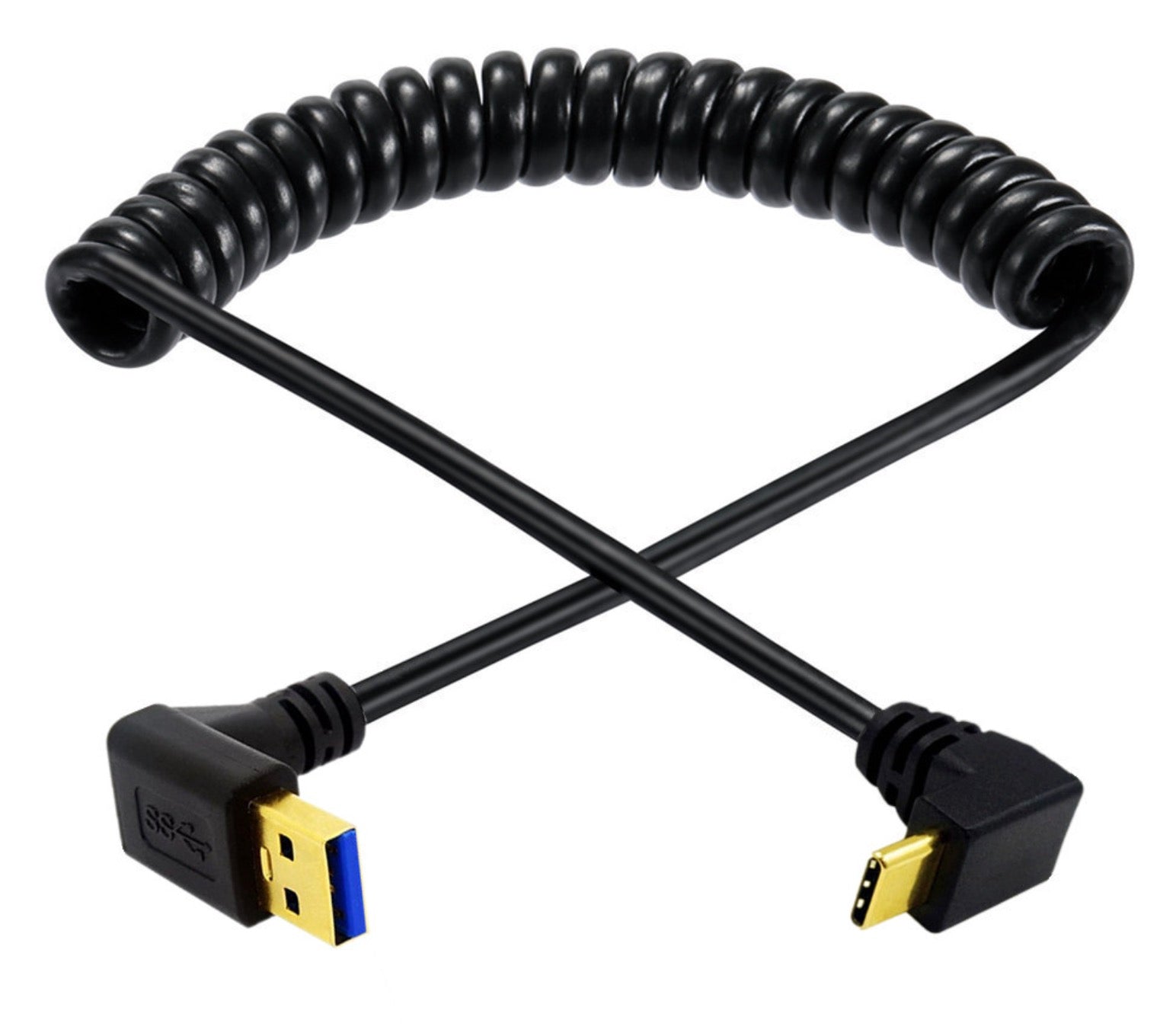 USB C to USB 3.0 coiled cable shown extended for flexible device connectivity