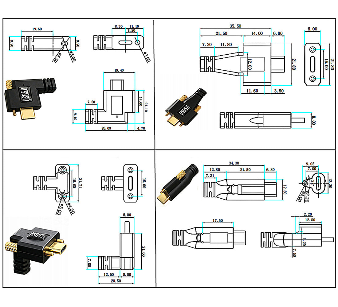 Technical dimension diagram of a black and gold audio adapter with multiple orthographic views, measurements, and a small inset photo of the adapter on a white background.