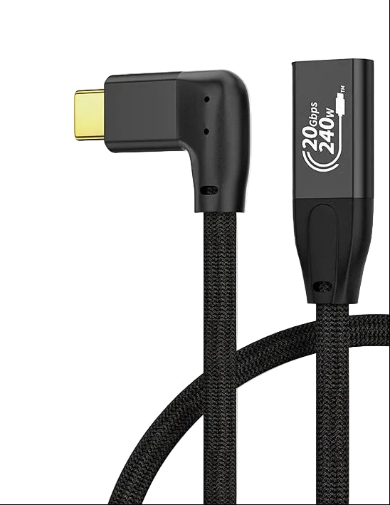 Right-angle USB-C male to female braided extension cable