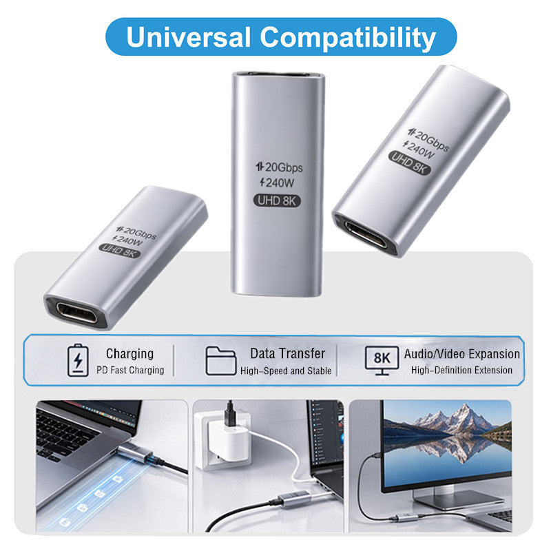 Universal 20Gbps HDMI 4K extension cable shown in three silver metallic connector styles on a white background, with a blue 'Universal Compatibility' banner and feature icons for charging, data transfer, and 8K audio/video expansion. Small usage photos at the bottom show the cable connected to a laptop, wall charger, and monitor.