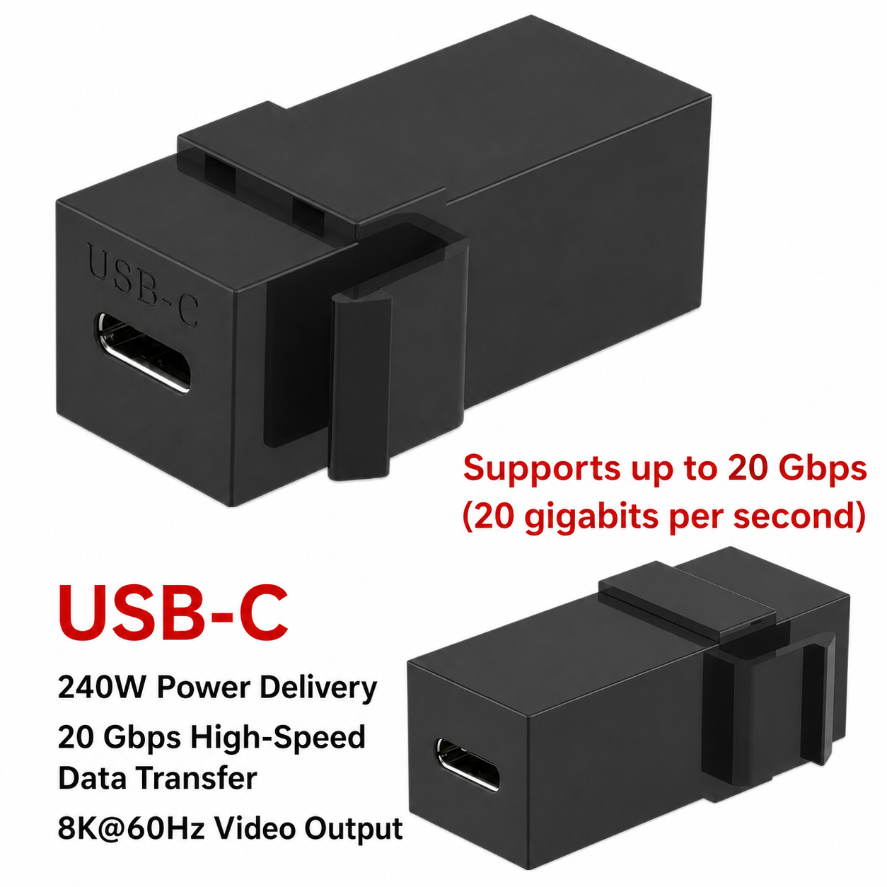 Front and rear view of USB-C female-to-female panel mount coupler