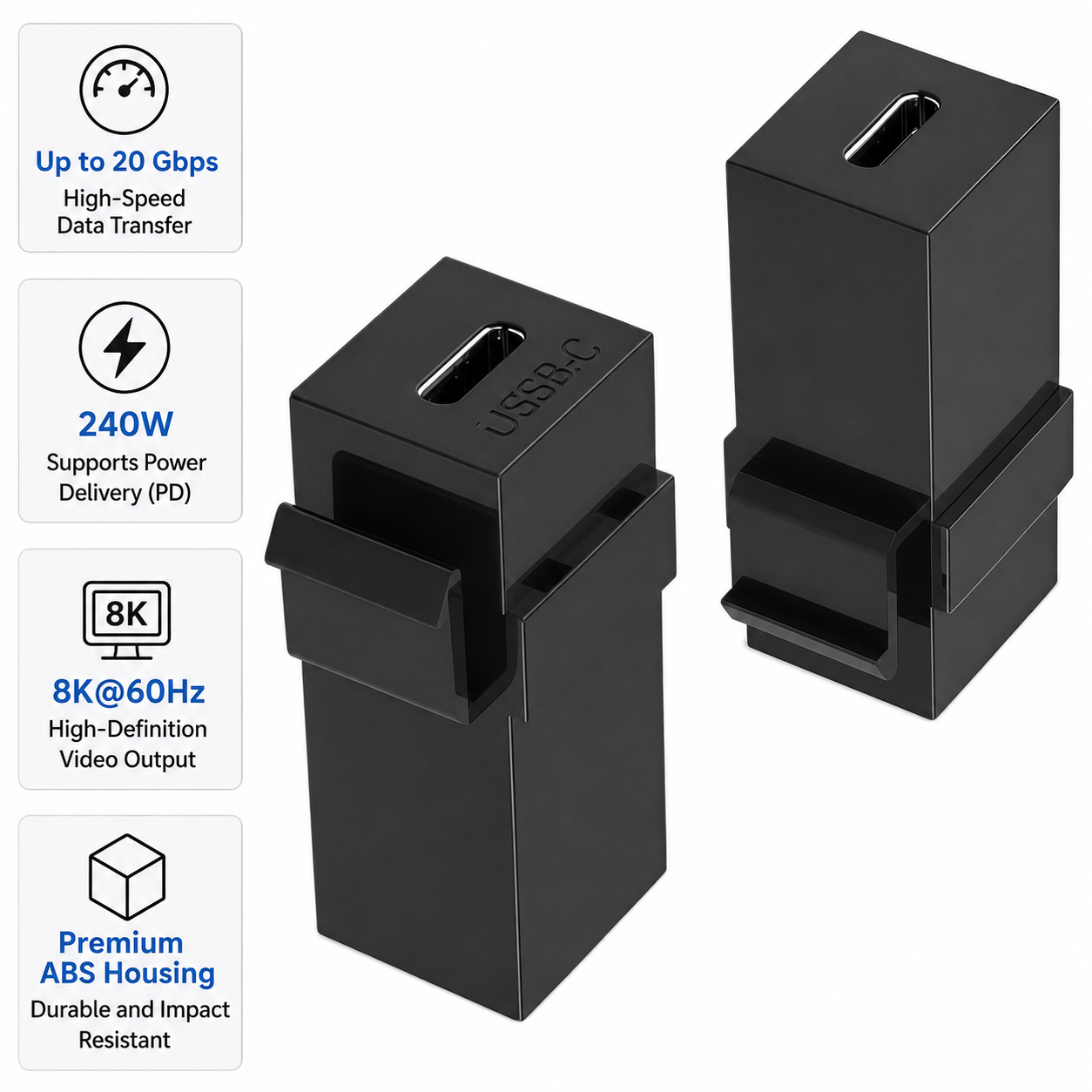 Front and rear view of USB-C female-to-female panel mount coupler
