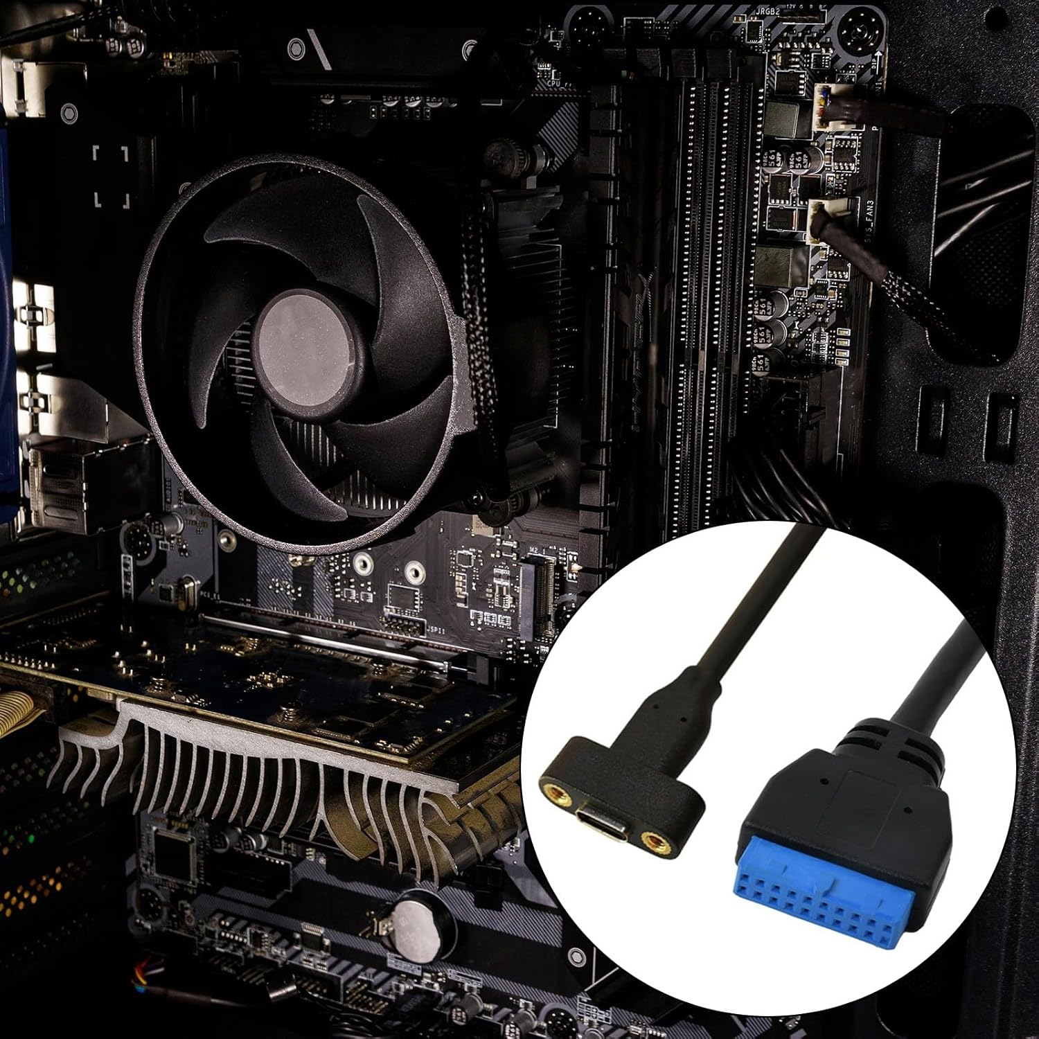 Computer motherboard with a close-up of a cable connector on a white background