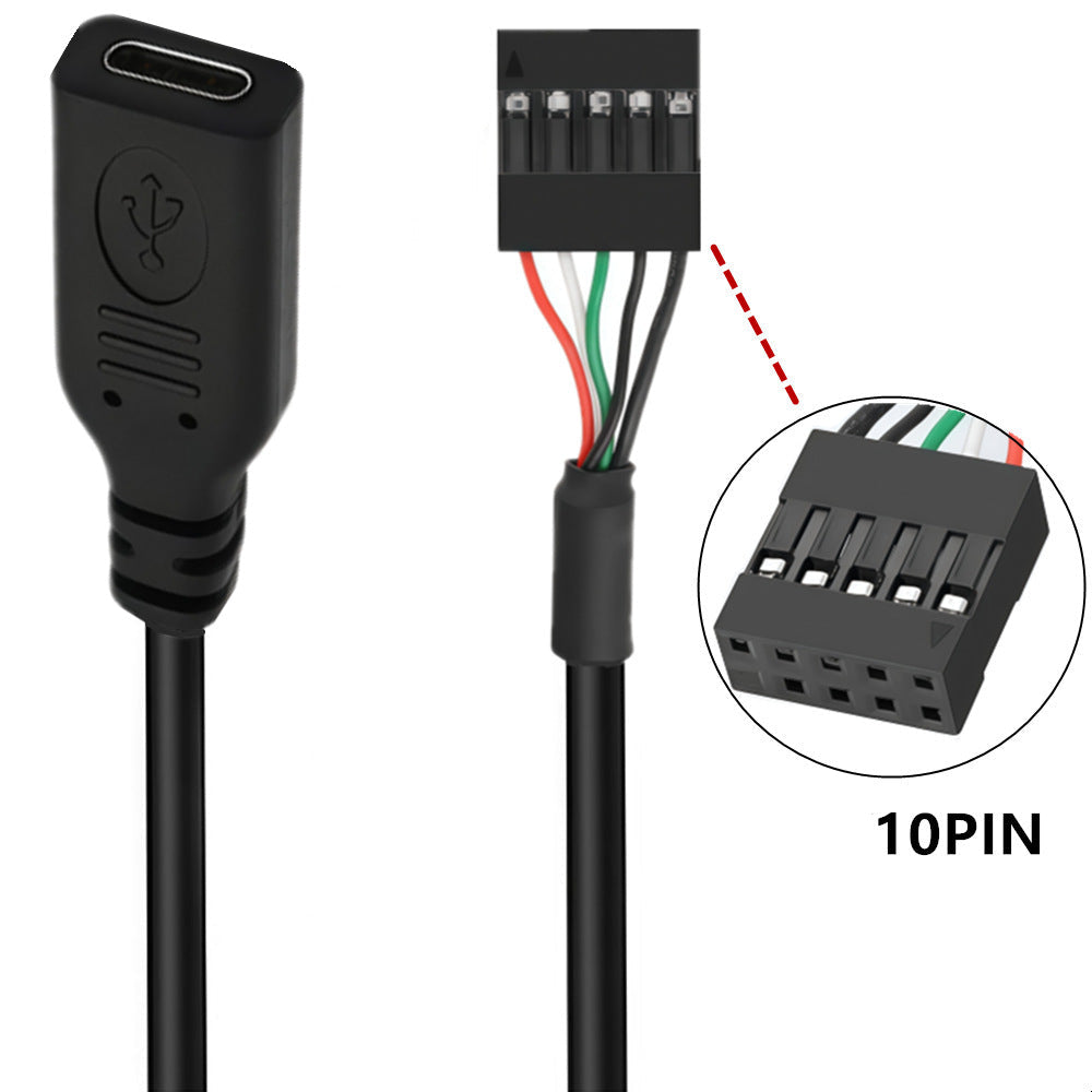 Black USB-C to multi-pin connector cable with a close-up inset showing a 9-pin/10-pin header and multicolored wires, on a white background.