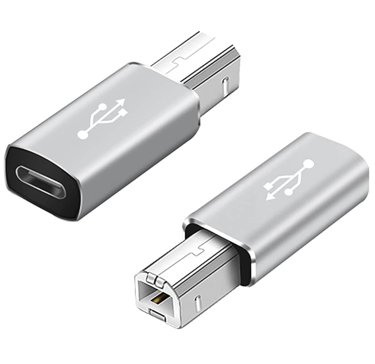 USB C female to USB Type B male adapter showing connector design and aluminium housing