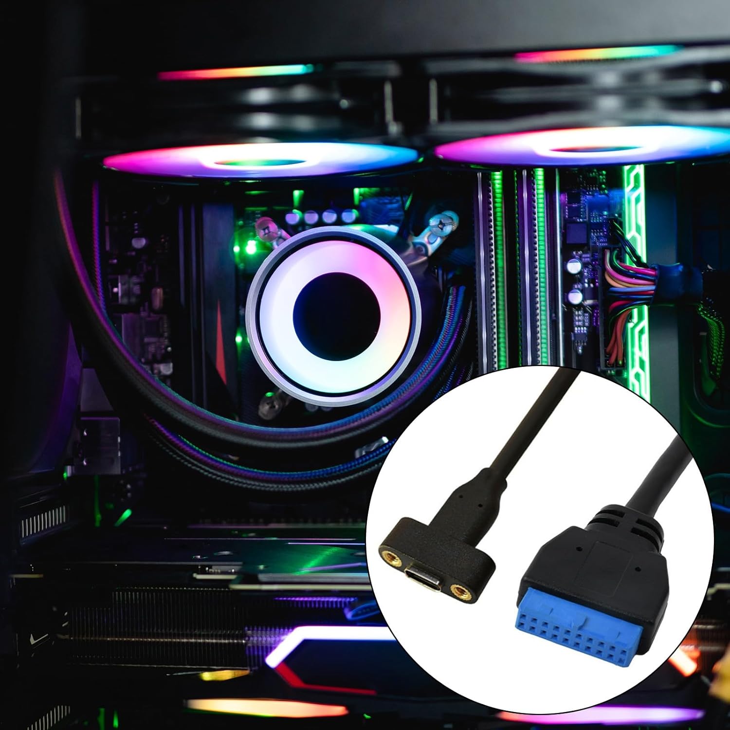 Computer hardware with RGB lighting and a close-up of a cable connector.