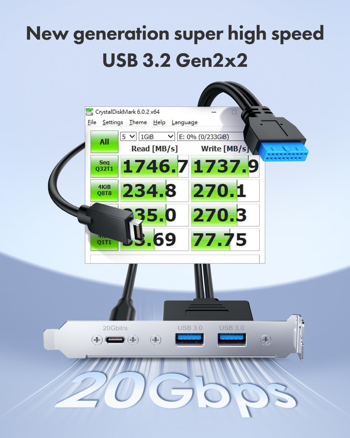 Type-E Key-A 20 pin to USB 3.0 19 pin adapter for computer