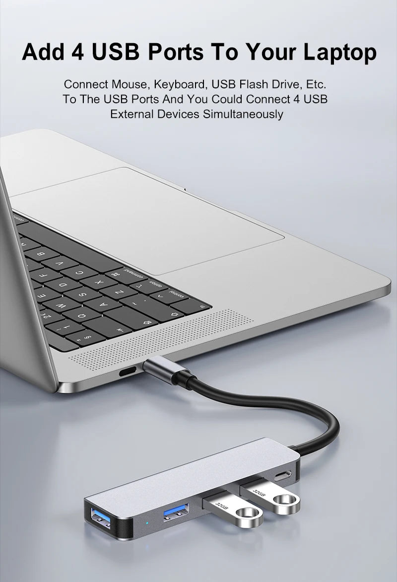 USB-C hub featuring three USB 3.0 ports and one USB 2.0 port