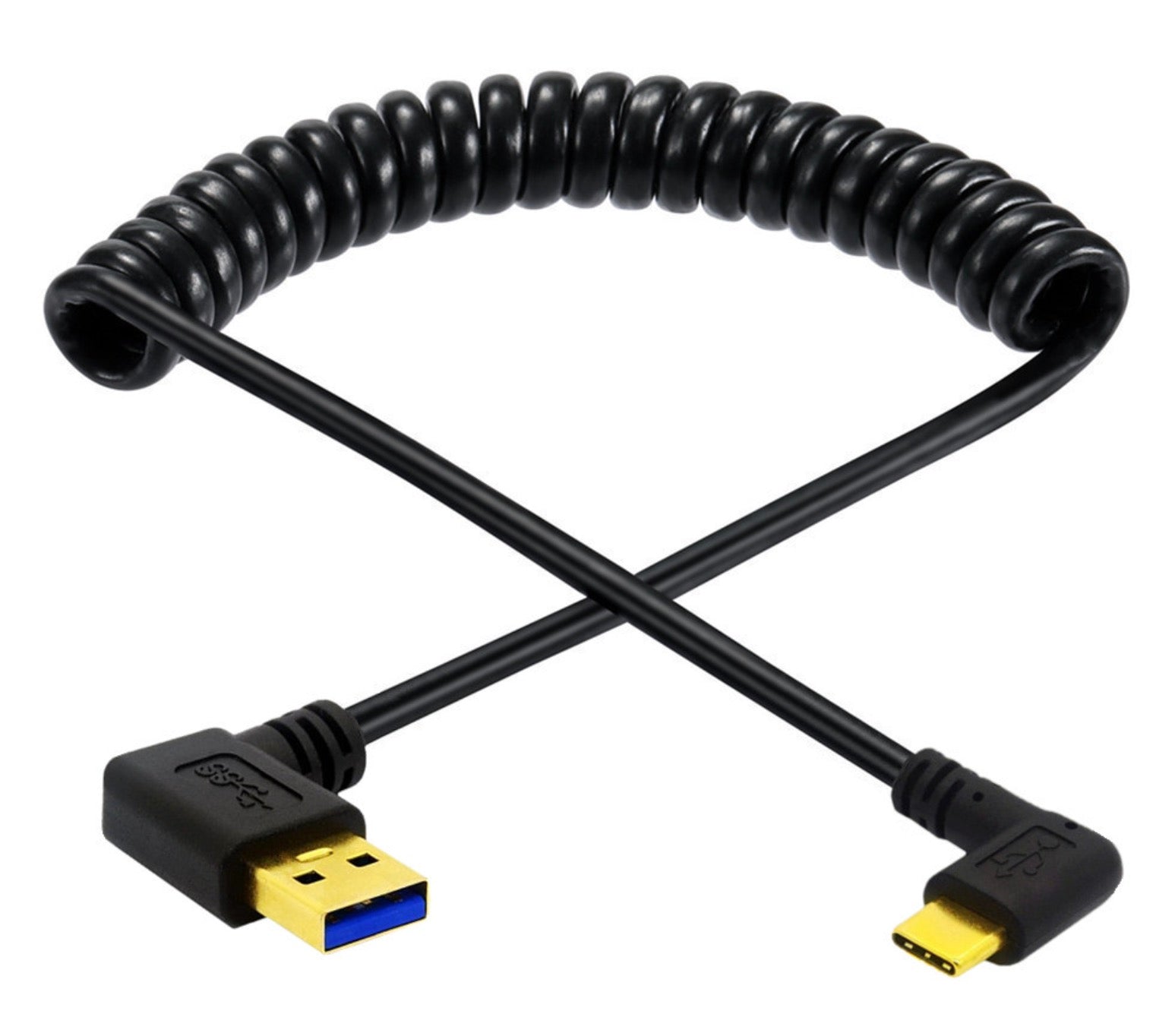USB C to USB 3.0 coiled cable shown extended for flexible device connectivity