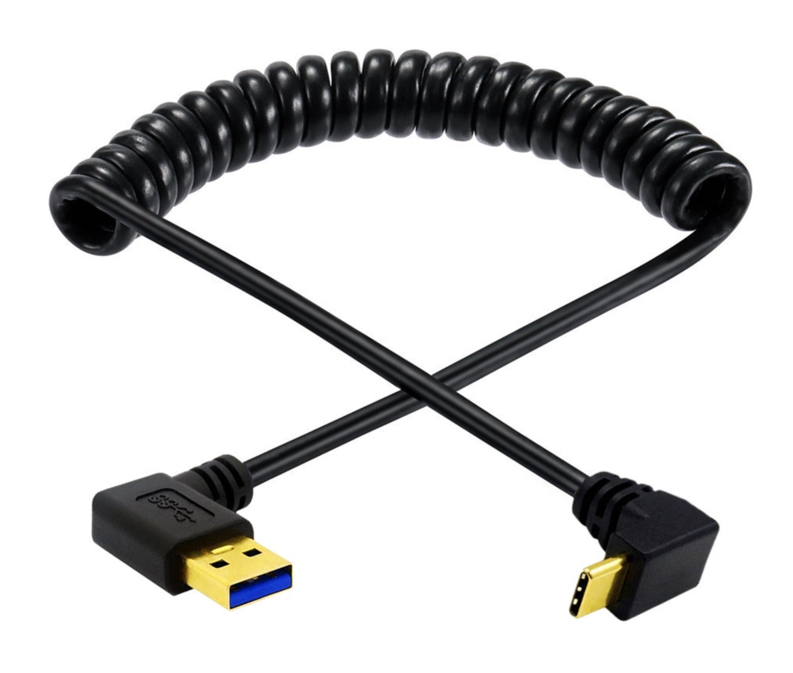 USB C to USB 3.0 coiled cable shown extended for flexible device connectivity