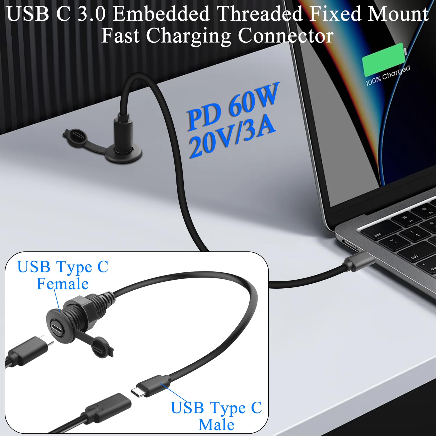 USB Type C male to female embedded mount cable
