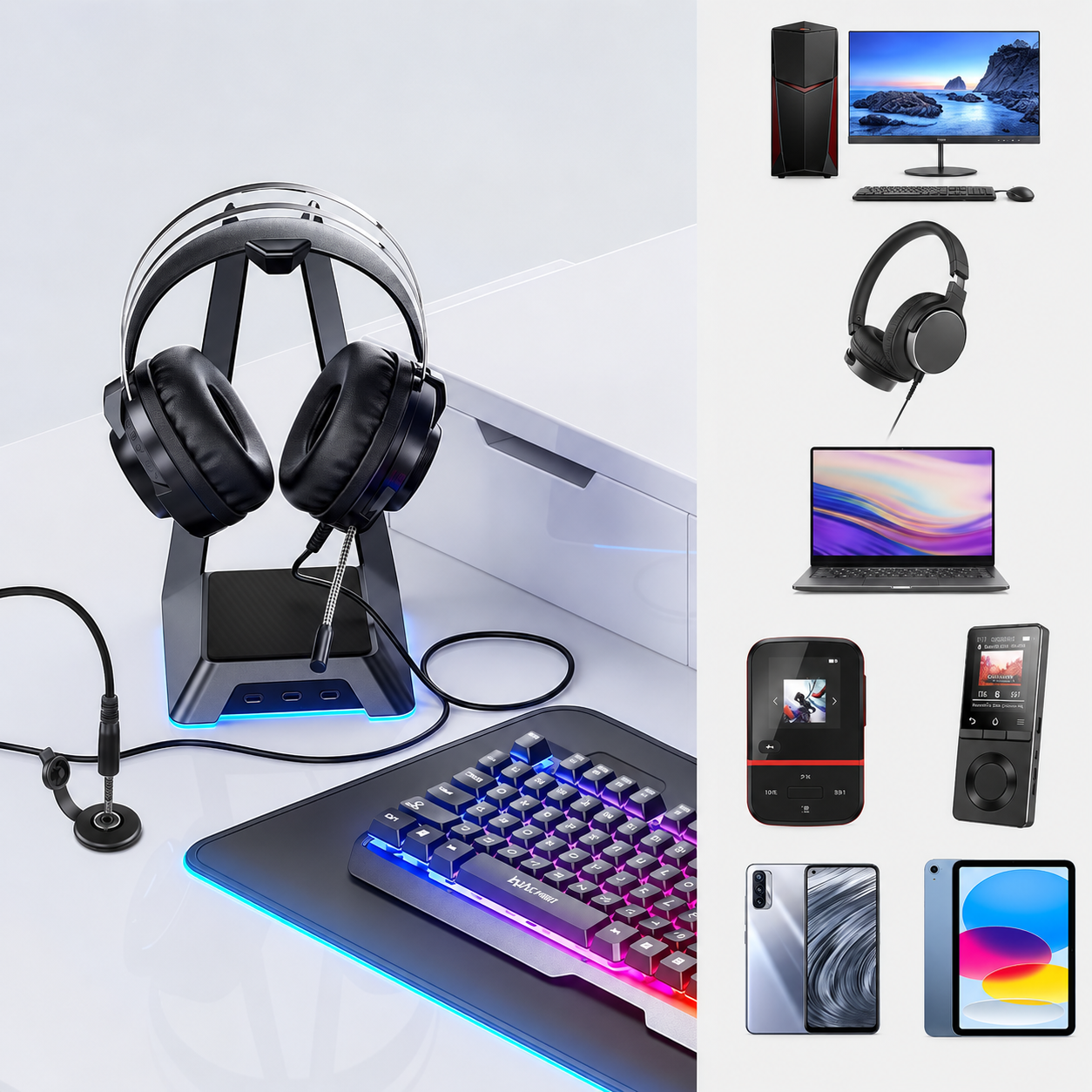 Collage of electronic devices including headphones, keyboard, and smartphones on a white background