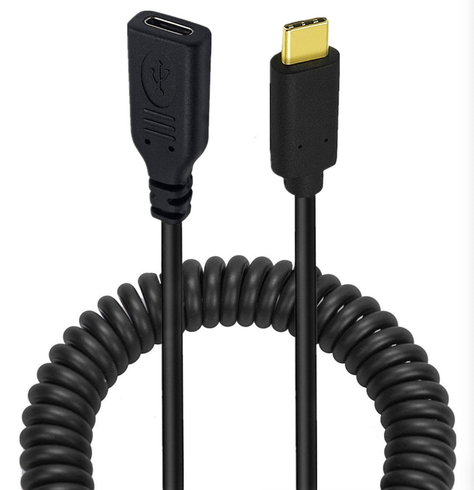 USB C male to female coiled extension cable for charging and data transfer