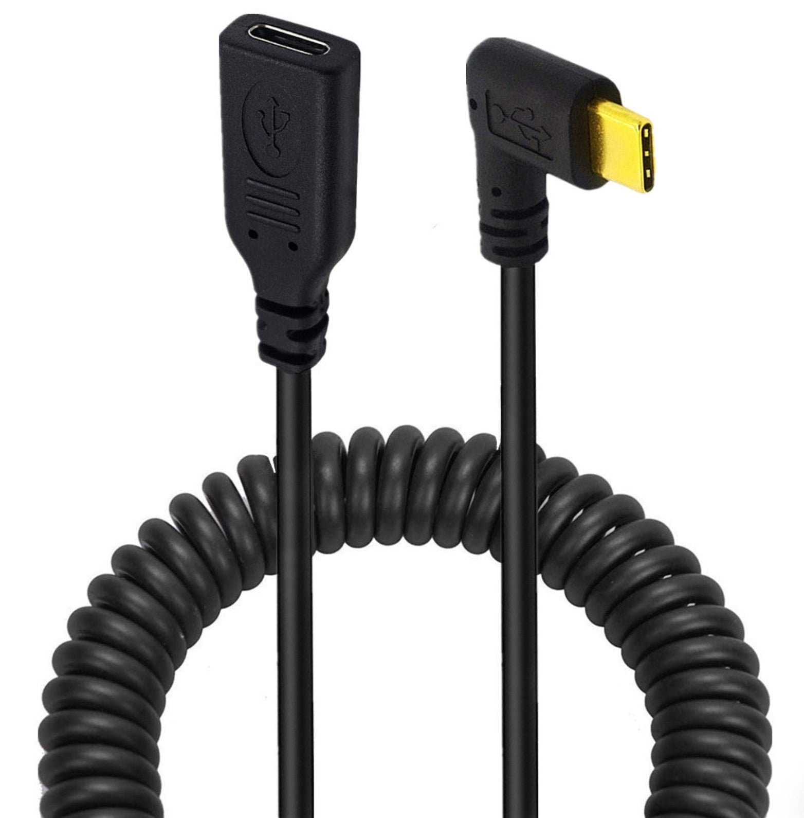 USB C male to female coiled extension cable with right left angle USB C connector
