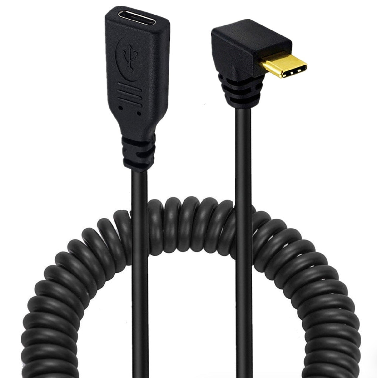USB C male to female coiled extension cable with up down angle USB C connector