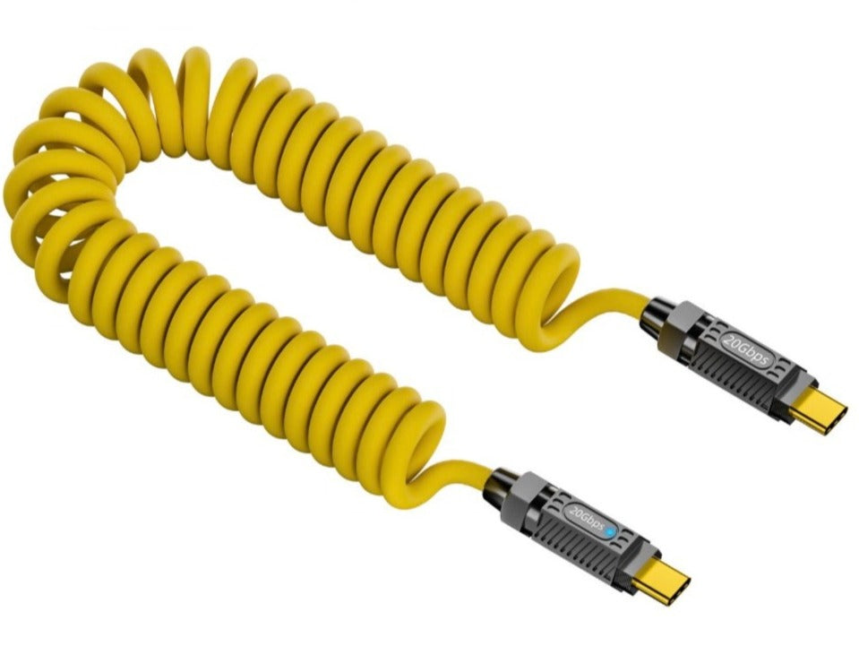 USB C male to male coiled charging cable with 140W power delivery and 20Gbps data transfer