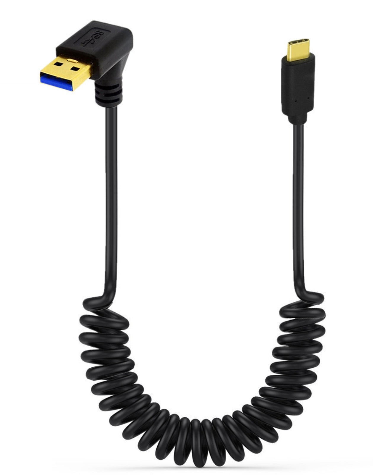 Close up of down angle USB C connector on USB 3.0 coiled charging cable