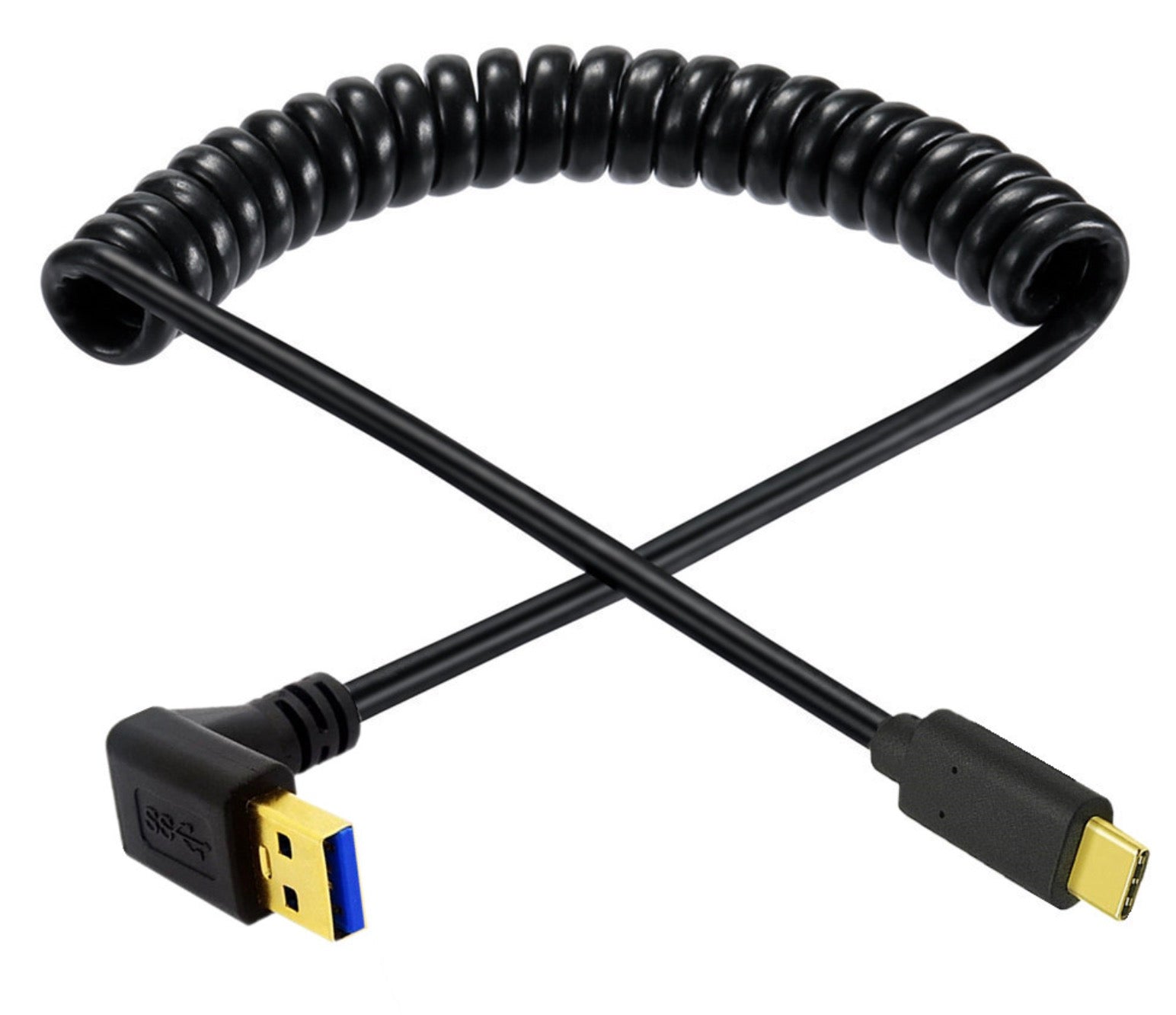 USB C to USB 3.0 coiled cable shown extended for flexible device connectivity