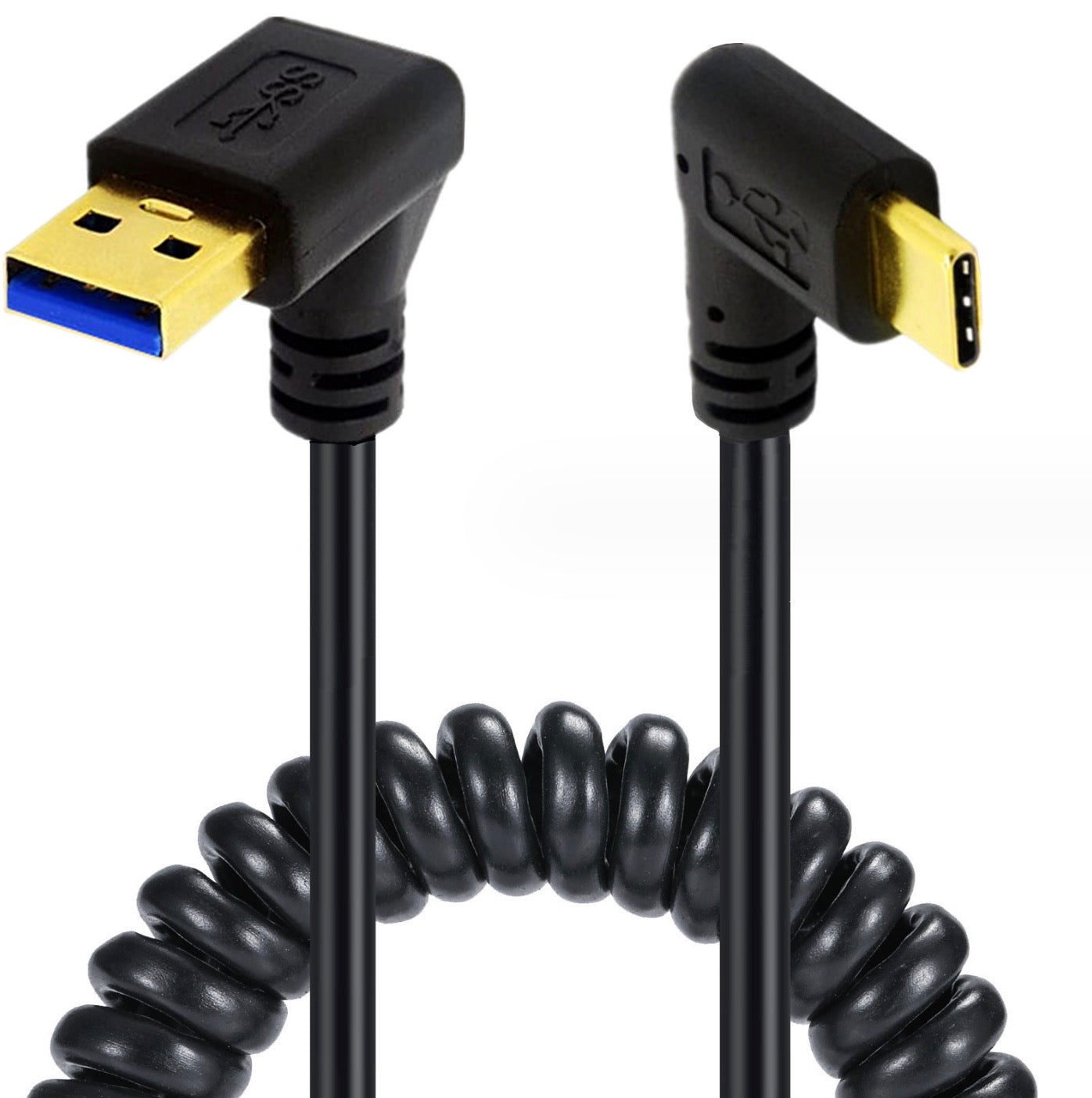 USB C male to USB 3.0 male coiled cable with down angle connector
