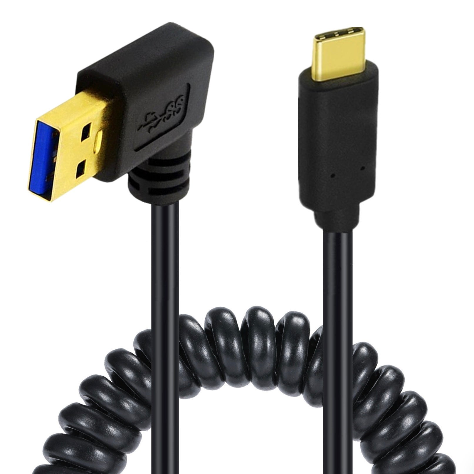 USB C male to USB 3.0 male coiled cable with left angle USB C connector