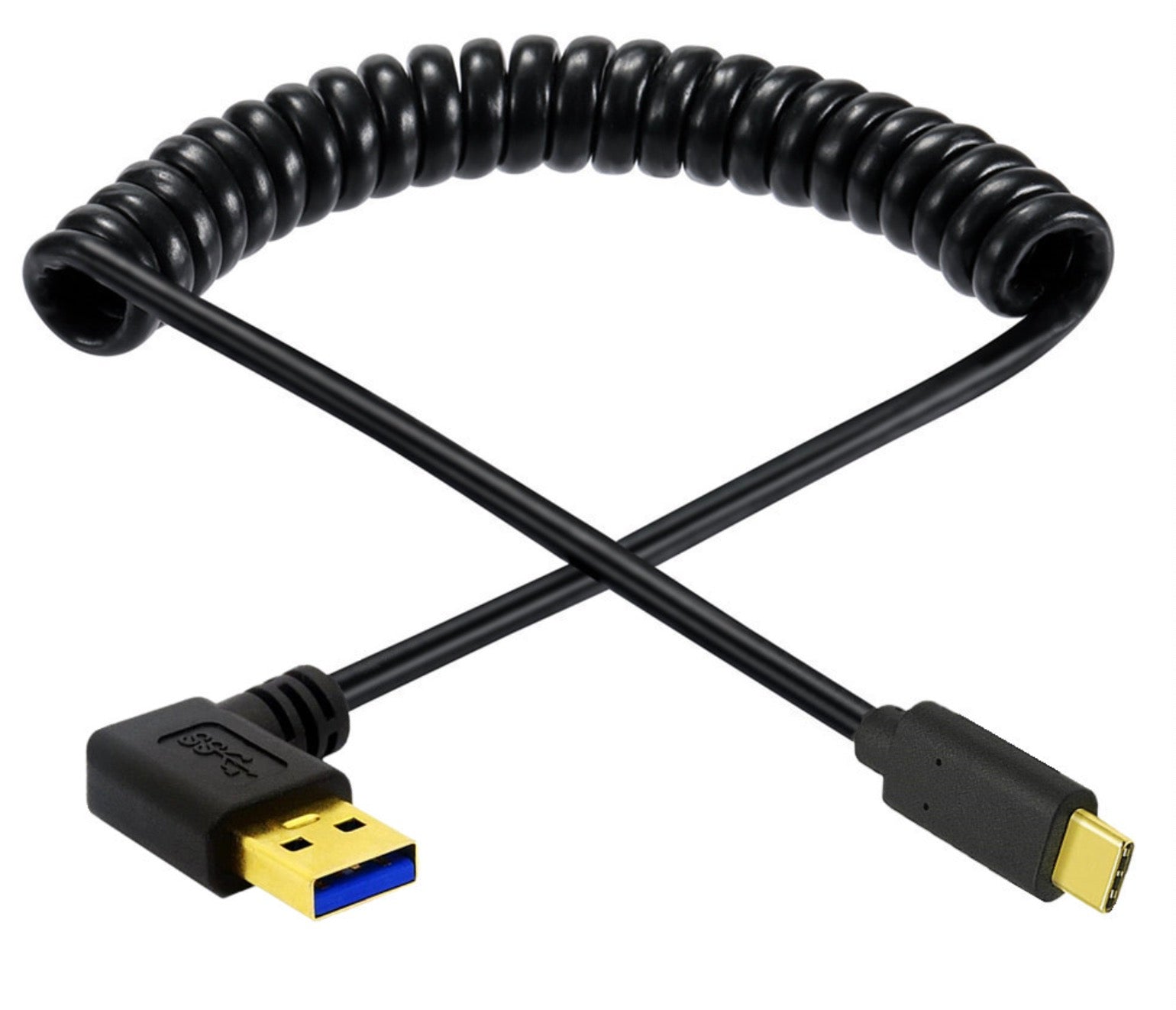 USB C to USB 3.0 coiled cable with left angle connector for portable device connectivity
