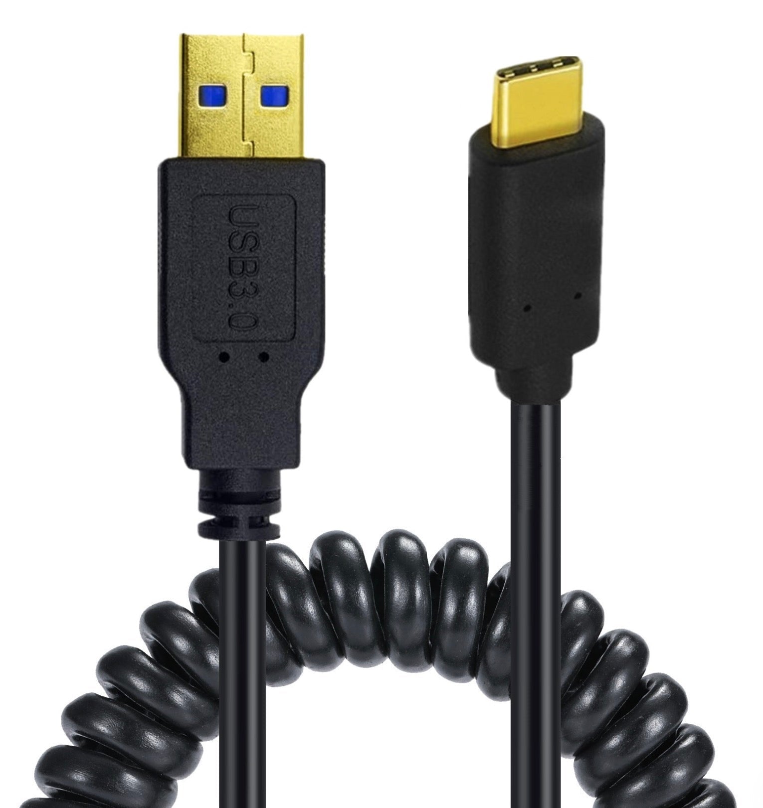 USB C male to USB 3.0 male coiled cable for charging and data transfer