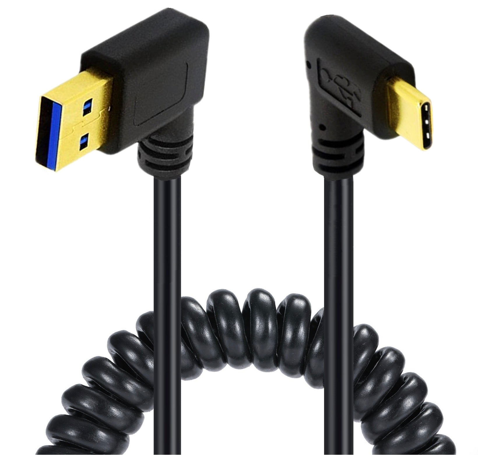USB C male to USB 3.0 male coiled cable with right angle connector