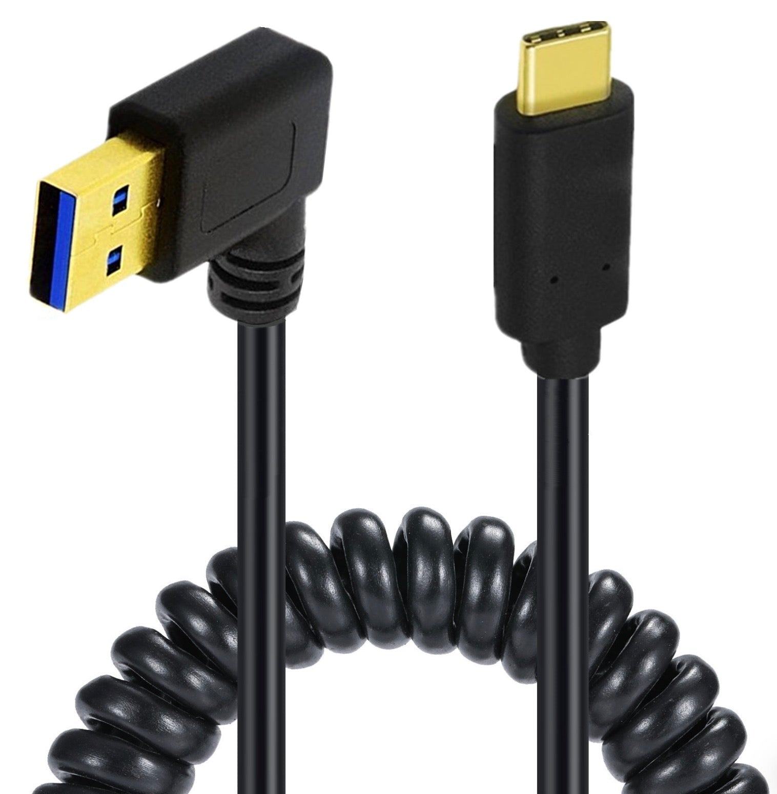 USB C male to USB 3.0 male coiled cable with right angle USB C connector