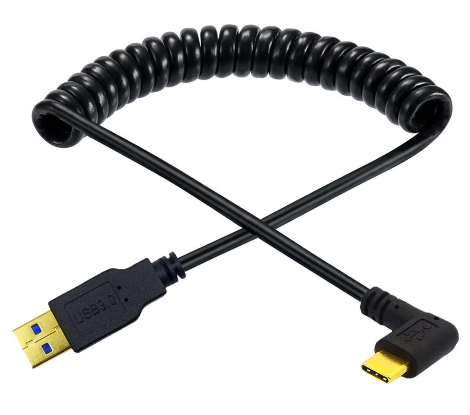 USB C right left angle coiled cable shown extended for flexible charging and data connectivity