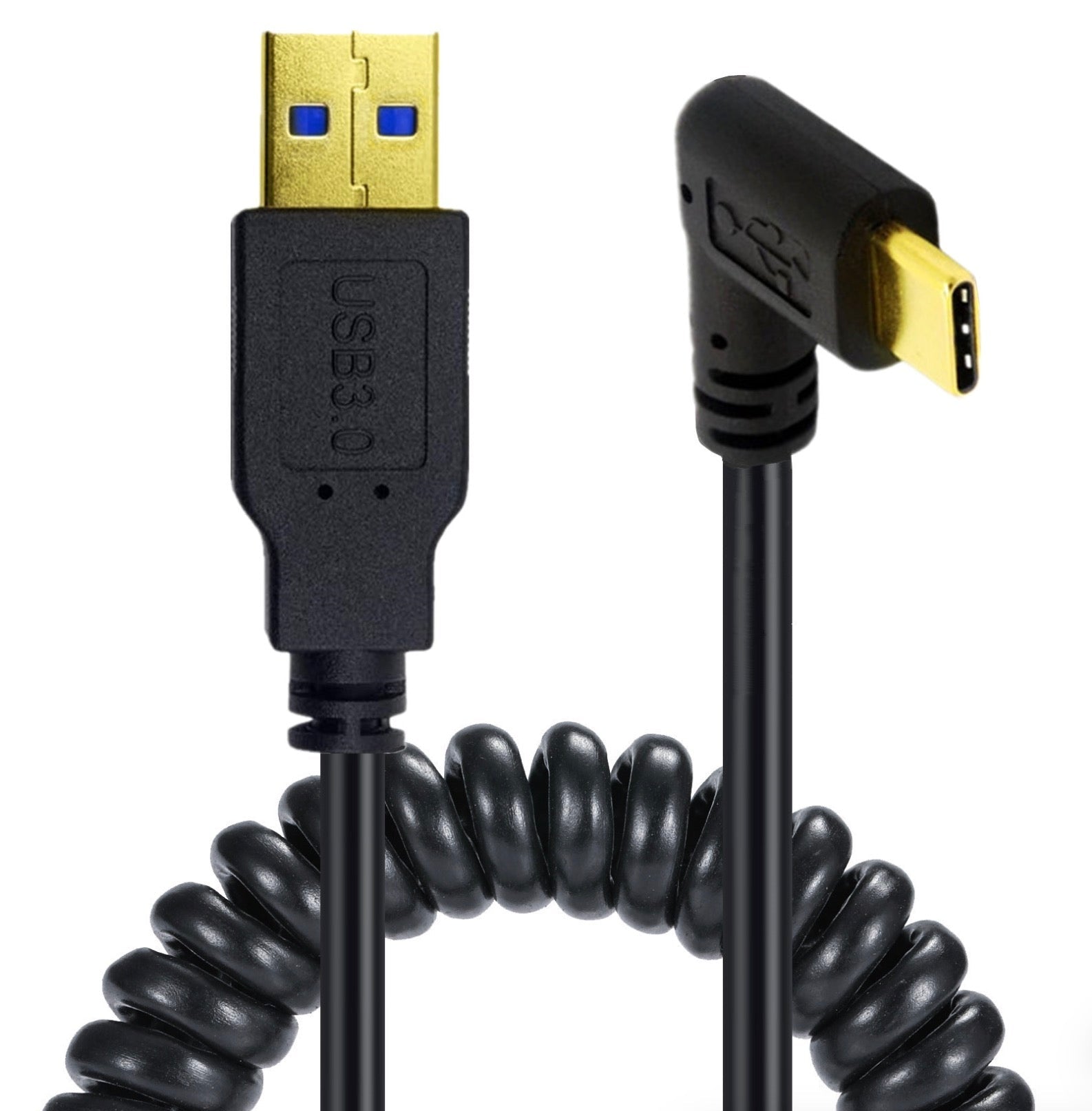 USB C male to USB 3.0 male coiled cable with right left angle USB C connector