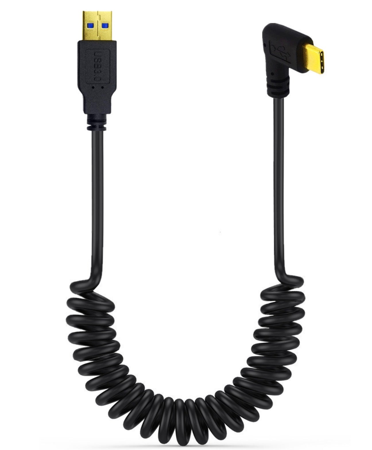 USB C to USB 3.0 coiled cable with dual angle connector orientation for portable device connectivity